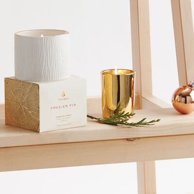 Frasier Fir Gold Votive on Shelf with Ceramic Candle